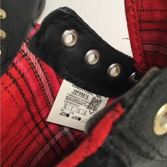 Keds Black Lace-Up High-Top Boots with Red Plaid Lining - Picture 5 of 11